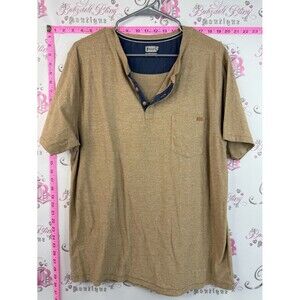 Kolby T-shirt top brown tan Short-Sleeve Henley Polo in Tan with Navy Trim